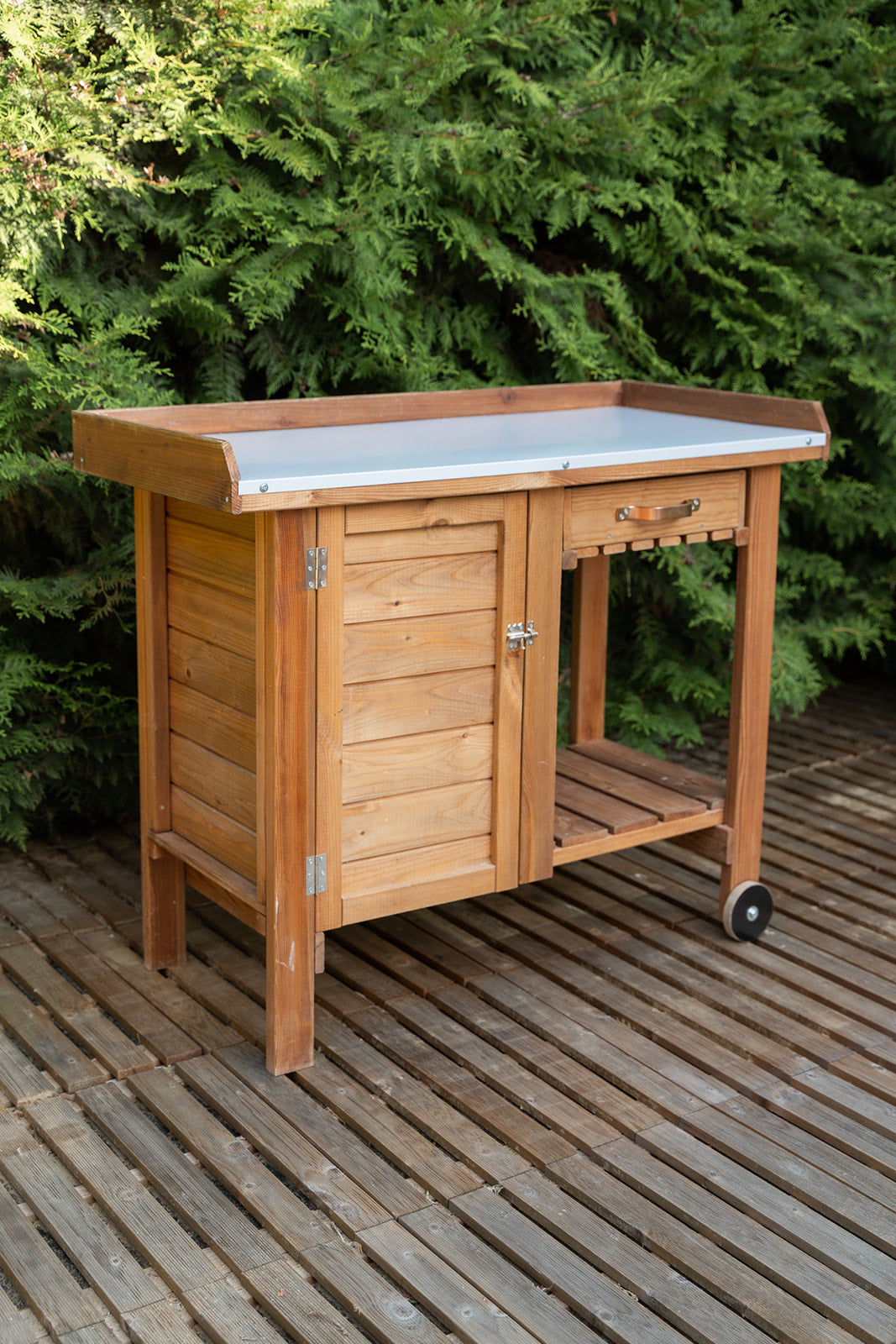 Gardener's Table with Wheels Cabinet and Drawer
