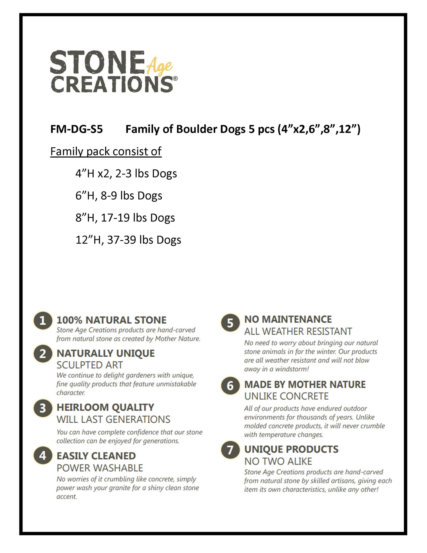 Family of Boulder Dogs 5 Pcs 4"x26"8"12"