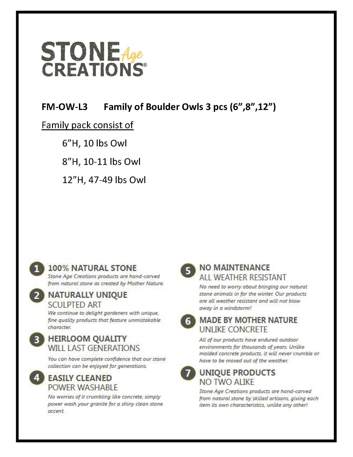 Family of Boulder Owls 3 Pcs 6"8"12"