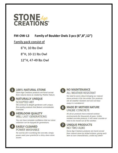 Family of Boulder Owls 3 Pcs 6"8"12"