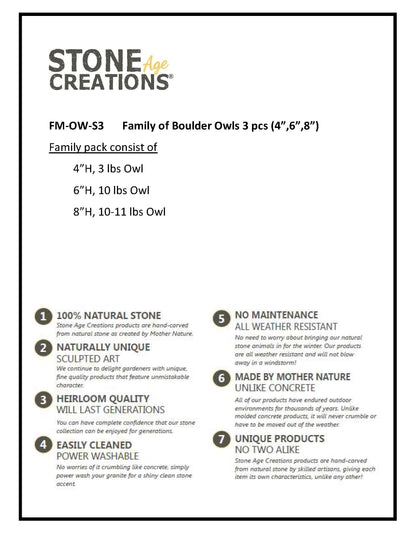 Family of Boulder Owls 3 Pcs 4" 6" 8"