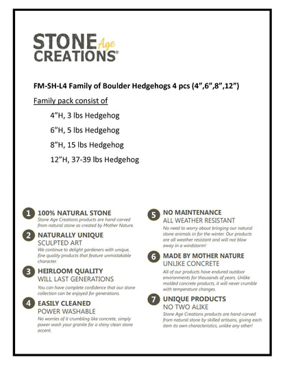 Family of Boulder Standing Hedgehogs 4 Pcs 4"6"8"12"