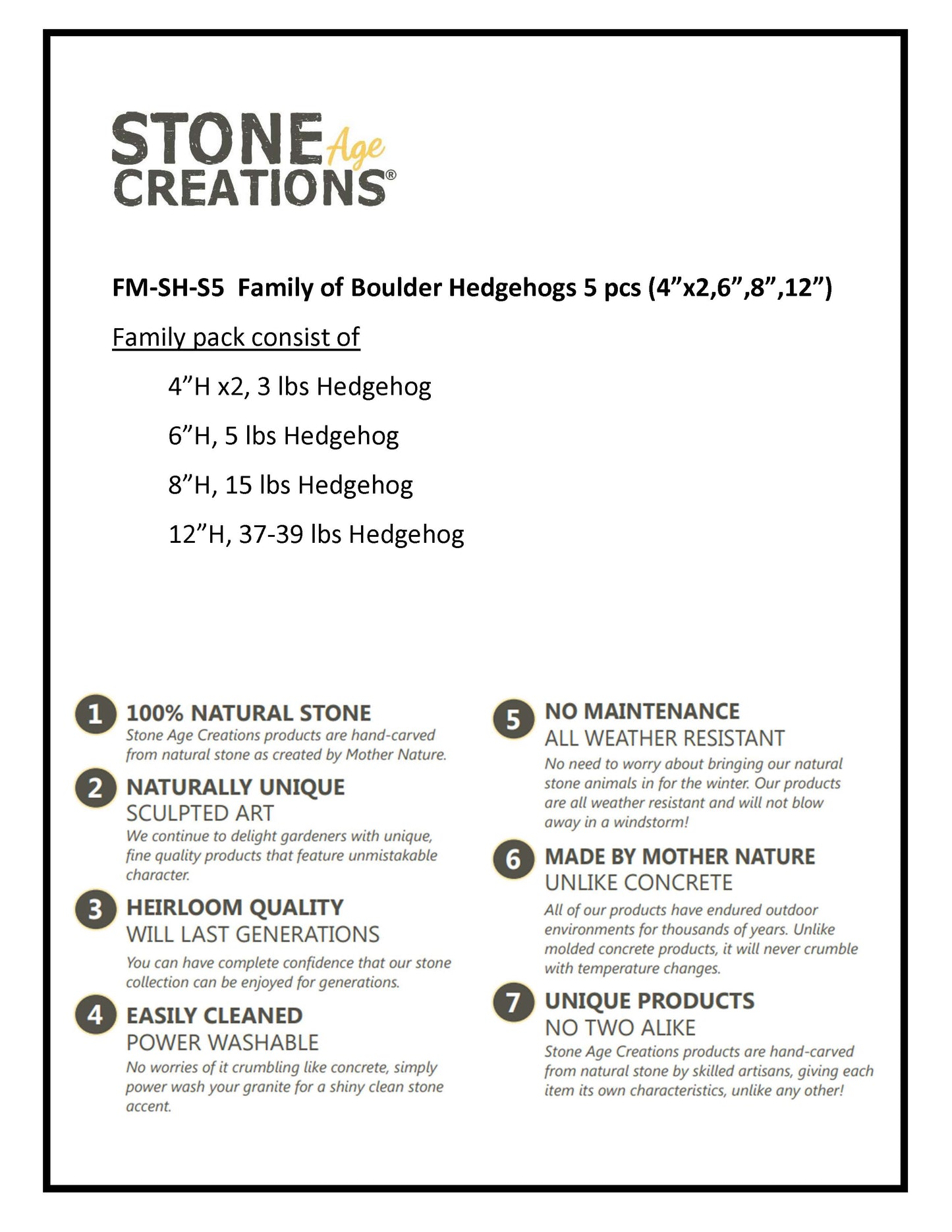 Family of Boulder Standing Hedgehogs 5 Pcs 4"x26"8"12"