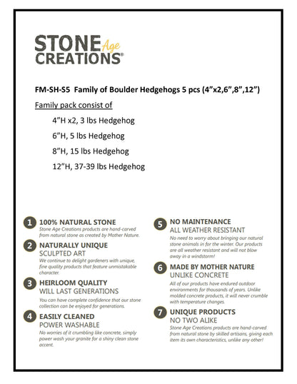 Family of Boulder Standing Hedgehogs 5 Pcs 4"x26"8"12"