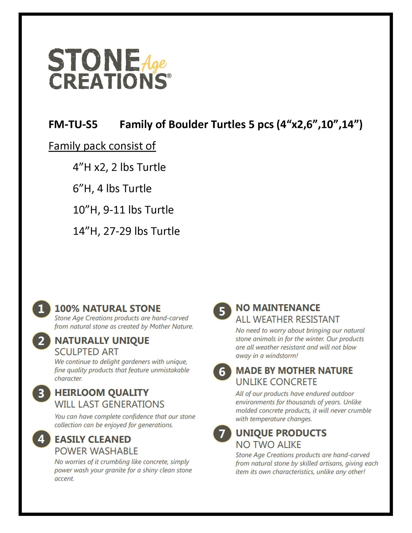 Family of Boulder Turtles 5 Pcs 4"x26"10"14"