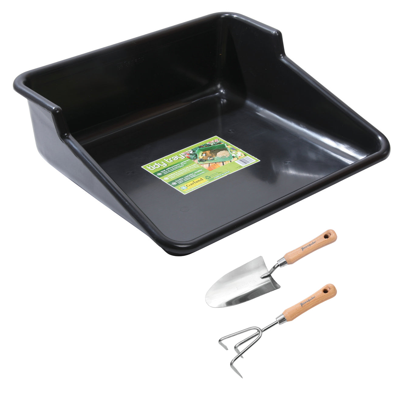 Black Tidy Tray with Stainless Steel Trowel and Cultivator