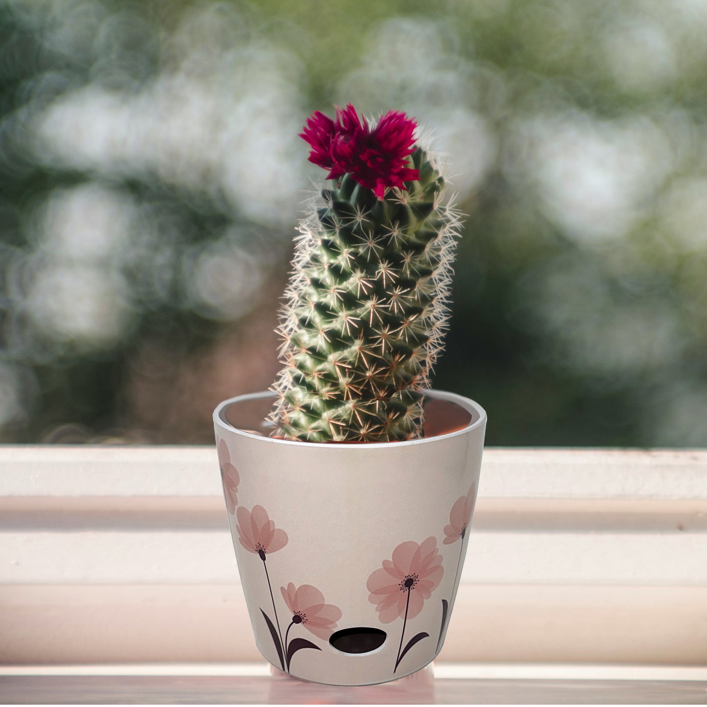 7" Pink Flower Round Self-Watering Bamboo Pot
