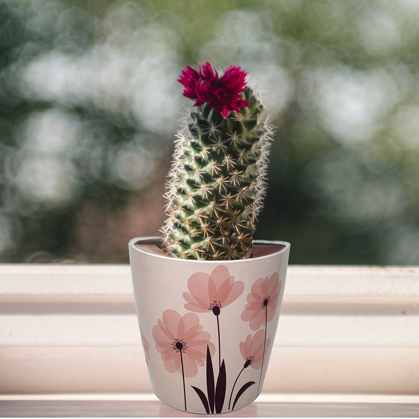 7" Pink Flower Round Self-Watering Bamboo Pot