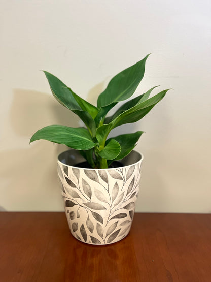7" Gray Leaves Round Self-Watering Bamboo Pot