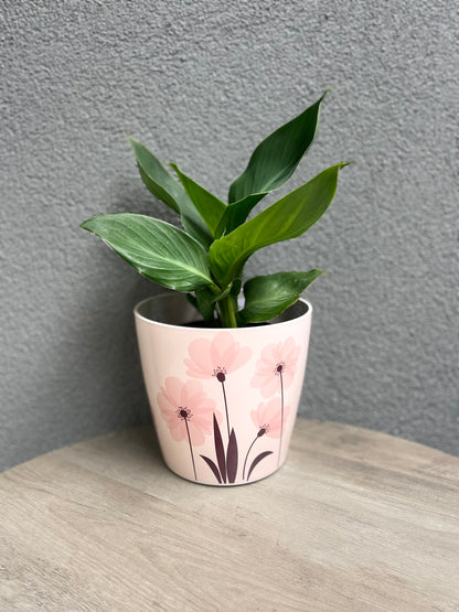 7" Pink Flower Round Self-Watering Bamboo Pot