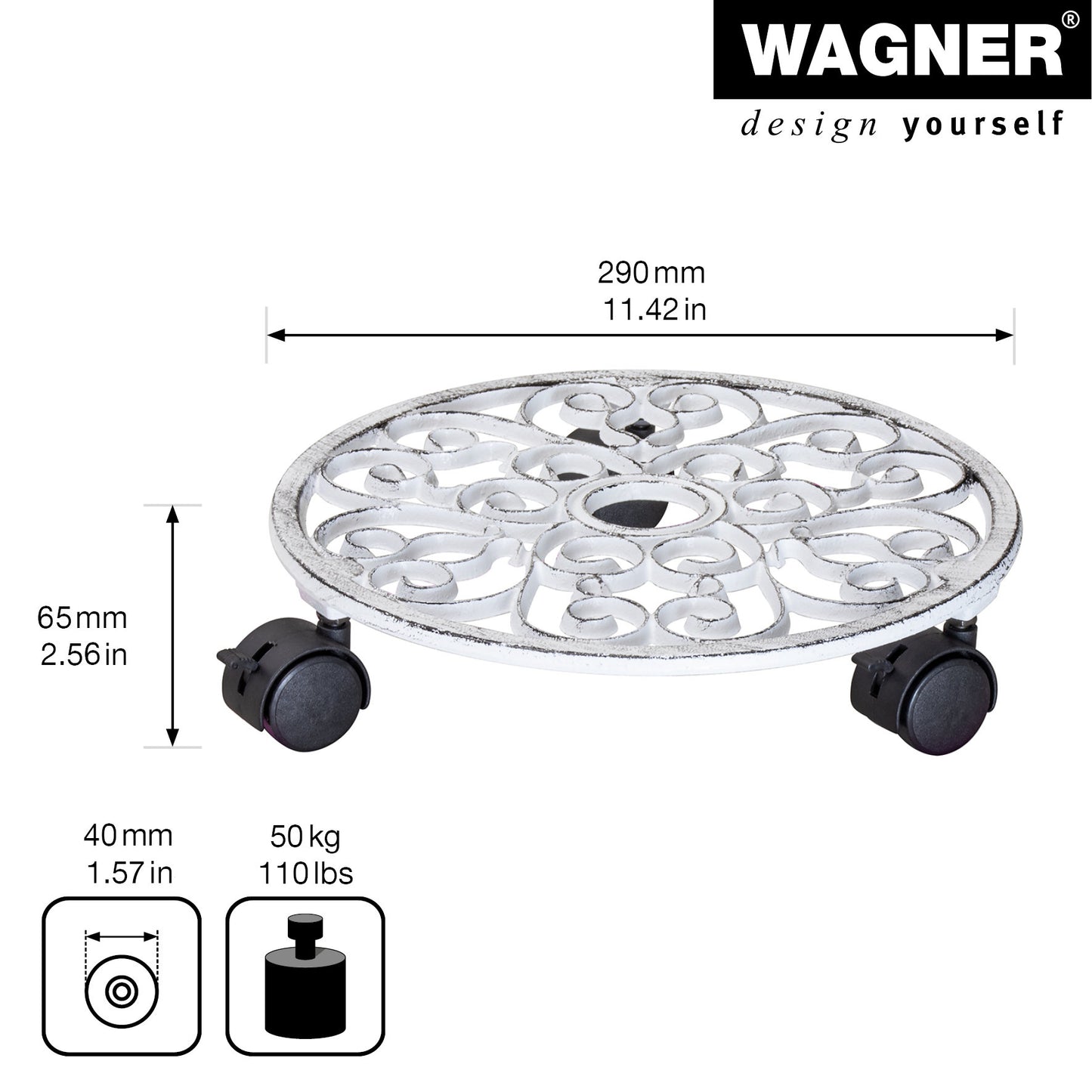 11.4" White Round Cast Iron Plant Caddy