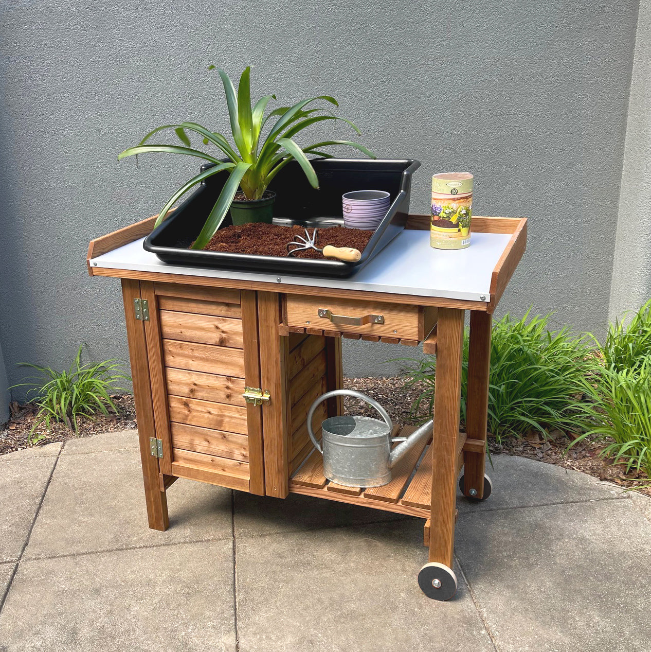 Gardener's Table with Wheels Cabinet and Drawer