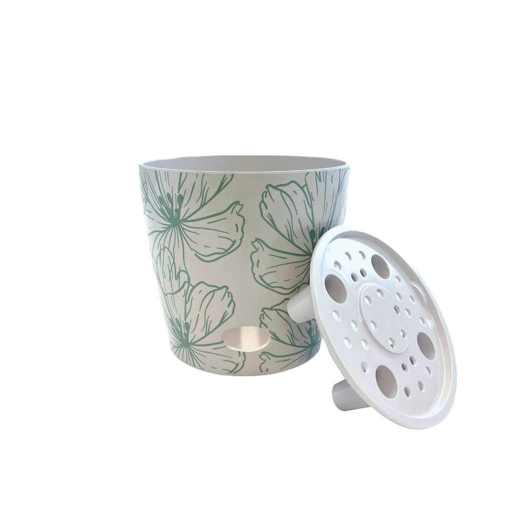 5" Green Flowers Round Self-Watering Bamboo Pot