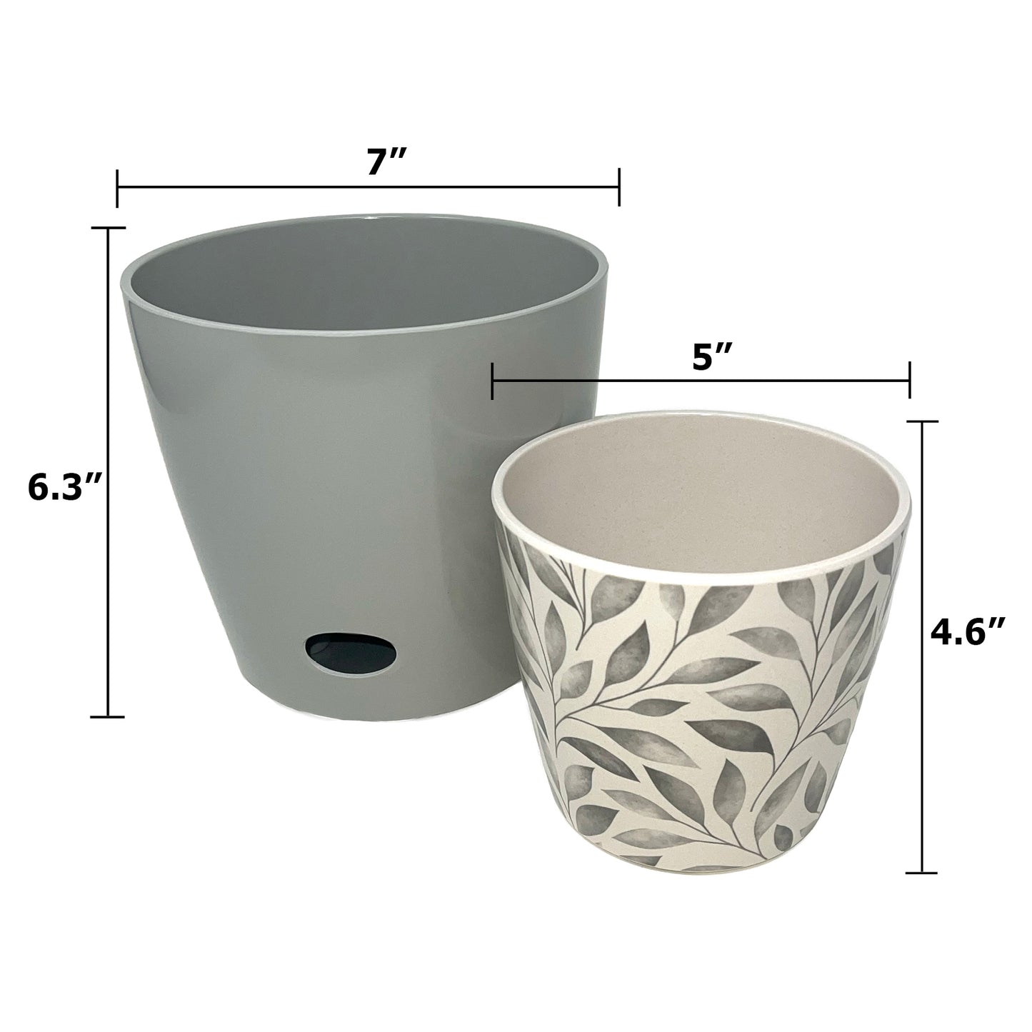 Self-Watering Plant Pot Set of 2 5" Gray Leaves & 7" Gray Solid