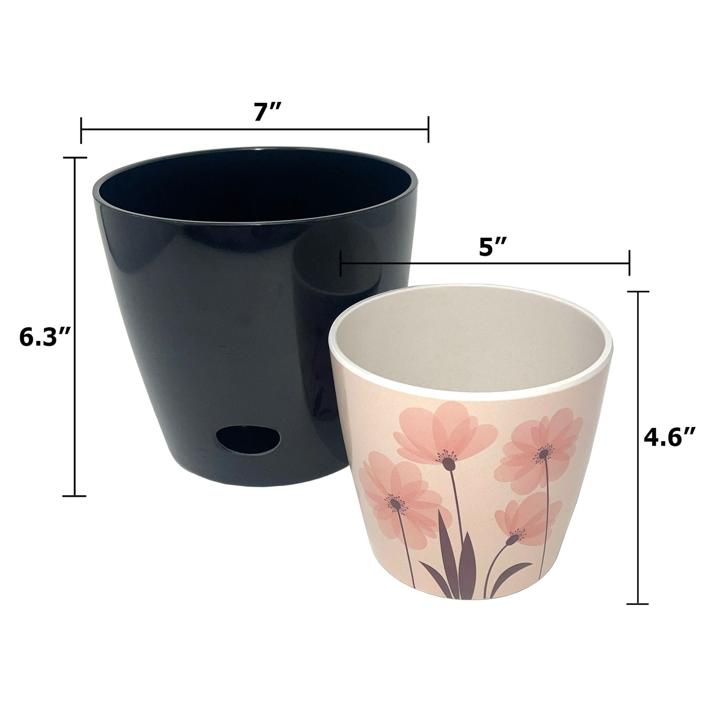 Self-Watering Plant Pot Set of 2 5" Pink Flower & 7" Black Solid