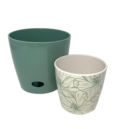 Self-Watering Plant Pot Set of 2 5" Green Flower & 7" Sage Green