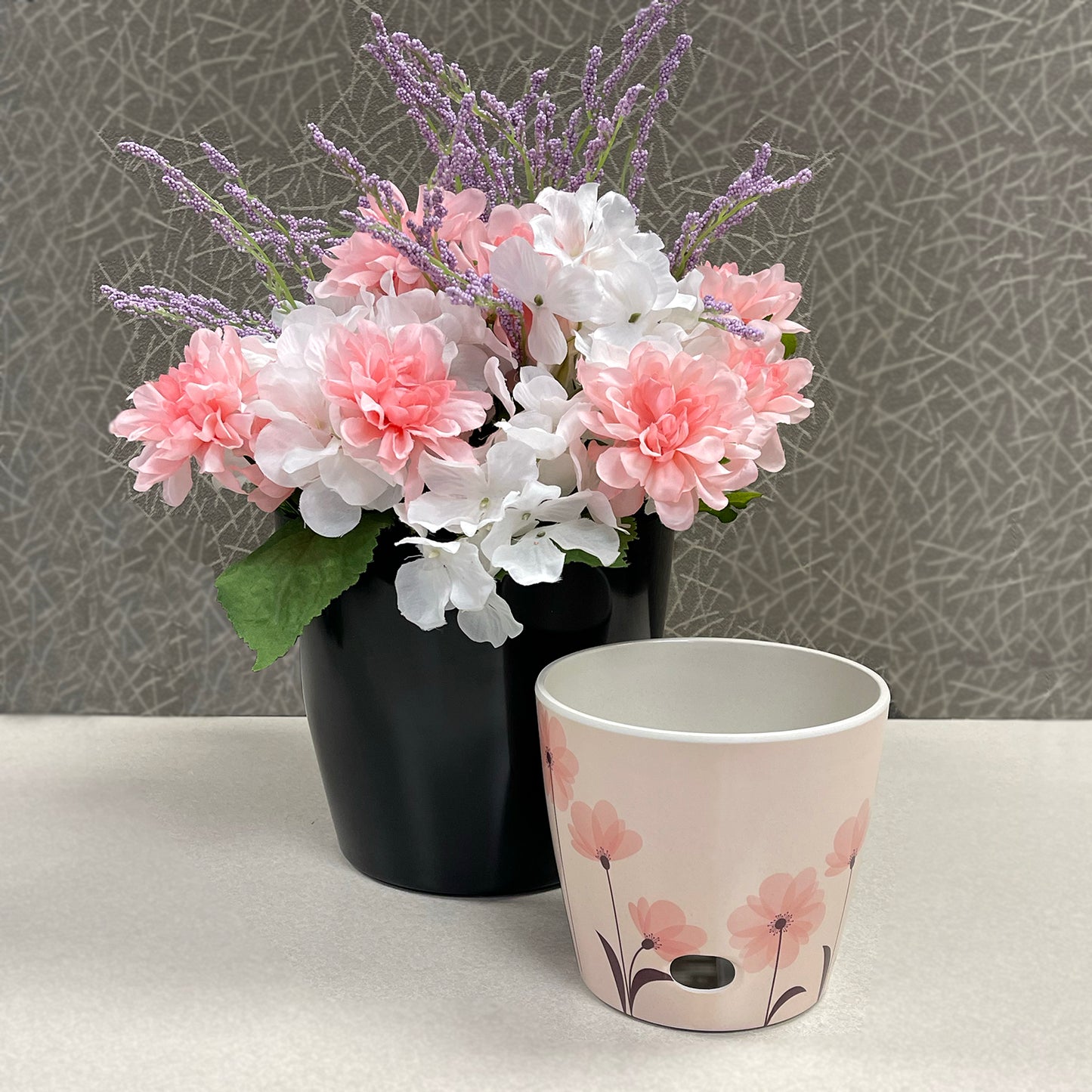 Self-Watering Plant Pot Set of 2 5" Pink Flower & 7" Black Solid