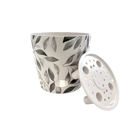 5" Gray Leaves Round Self-Watering Bamboo Pot