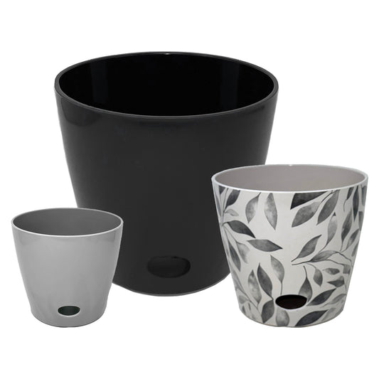 Self-Watering Plant Pot Set of 3 5" Gray 7" Gray Leaves 10" Black