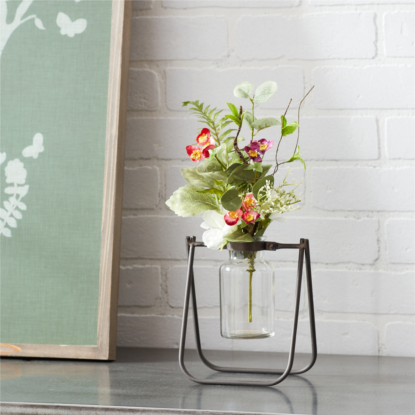 Hanging Glass Jar Vase with Metal Stand (Set of 2)