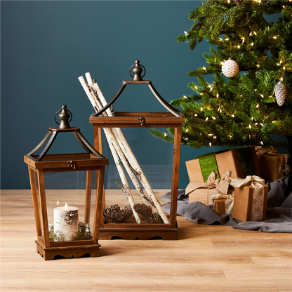 Natural Wooden Lantern with Open Top (Set of 2)