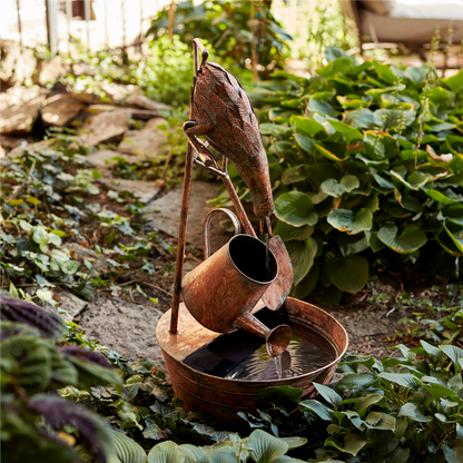 Rustic Metal Fountain with Duck and Watering Can 33"H