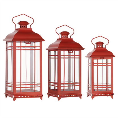 Traditional Red Metal Lantern (Set of 3)