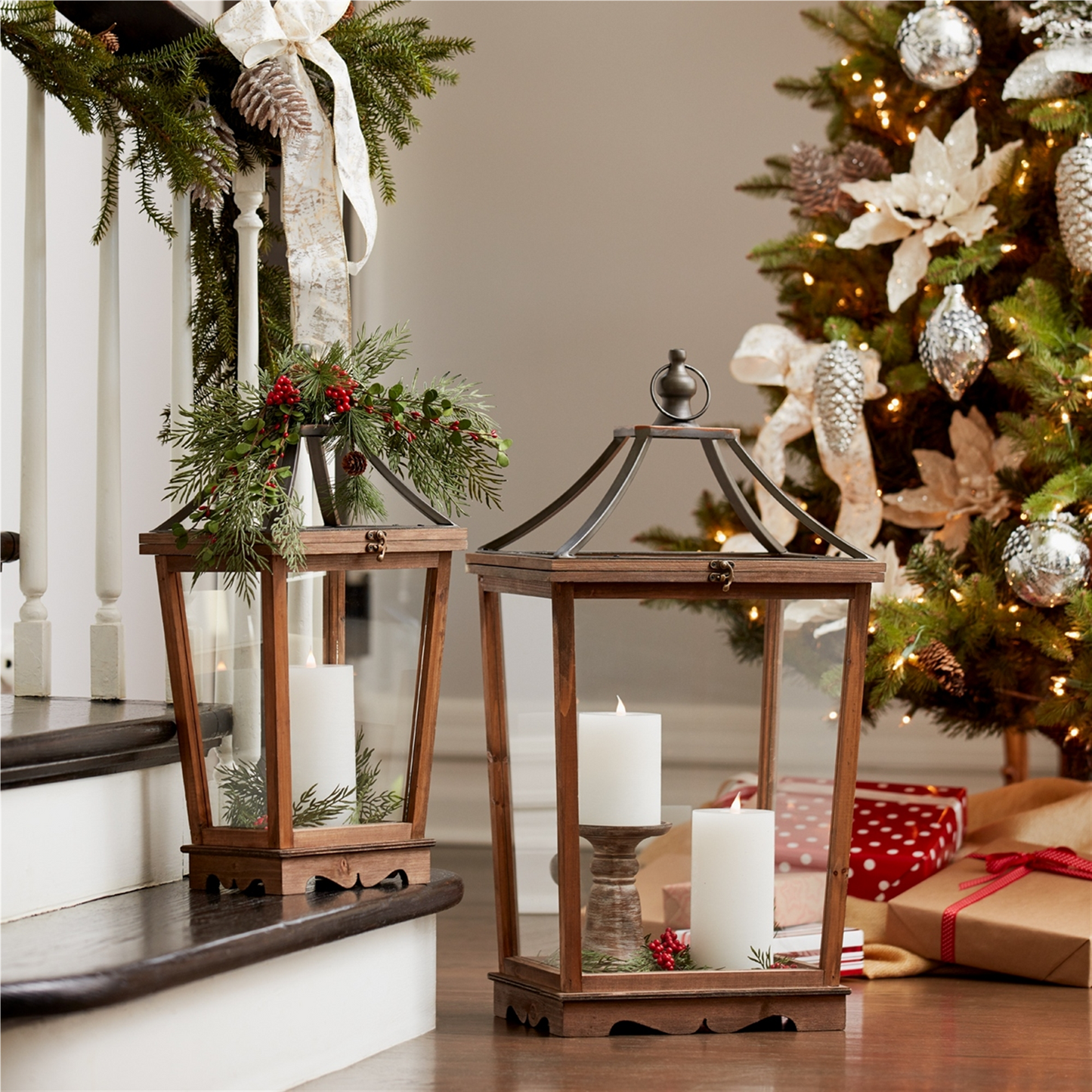 Natural Wooden Lantern with Open Top (Set of 2)