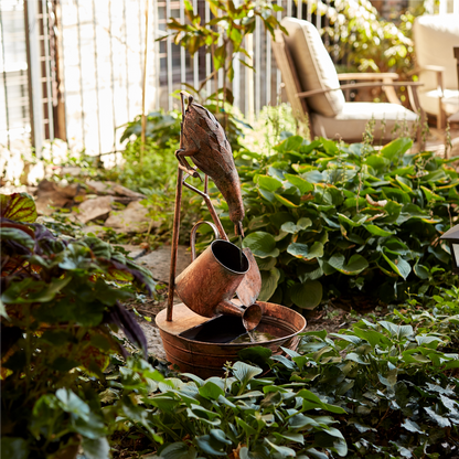 Rustic Metal Fountain with Duck and Watering Can 33"H