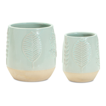 Two-Tone Porcealin Planter with Leaf Design (Set of 2)