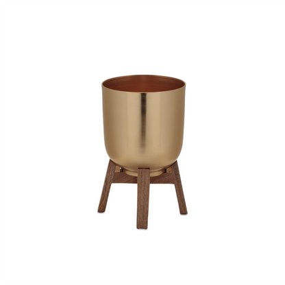 Round Metal Planter with Wooden Stand (Set of 2)