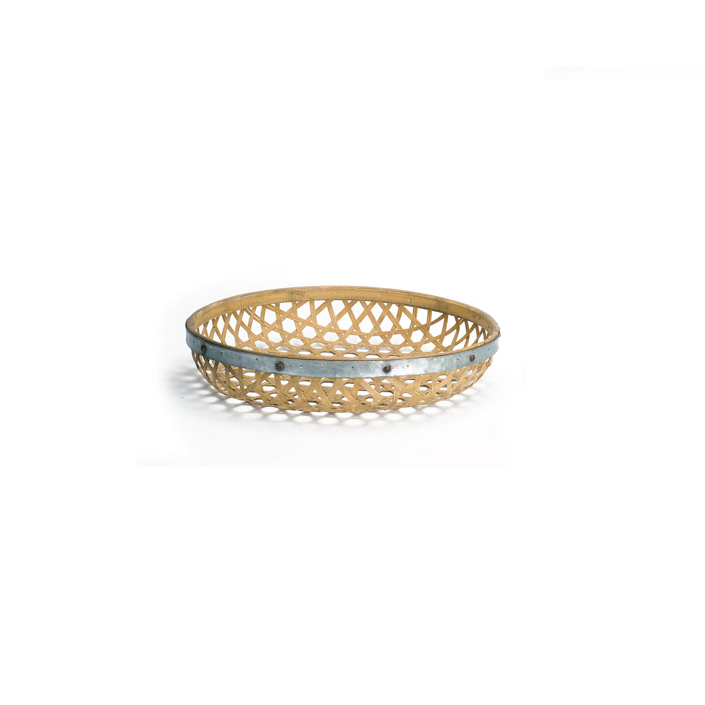 Round Woven Bamboo Tray with Galvanized Metal Accent (Set of 3)