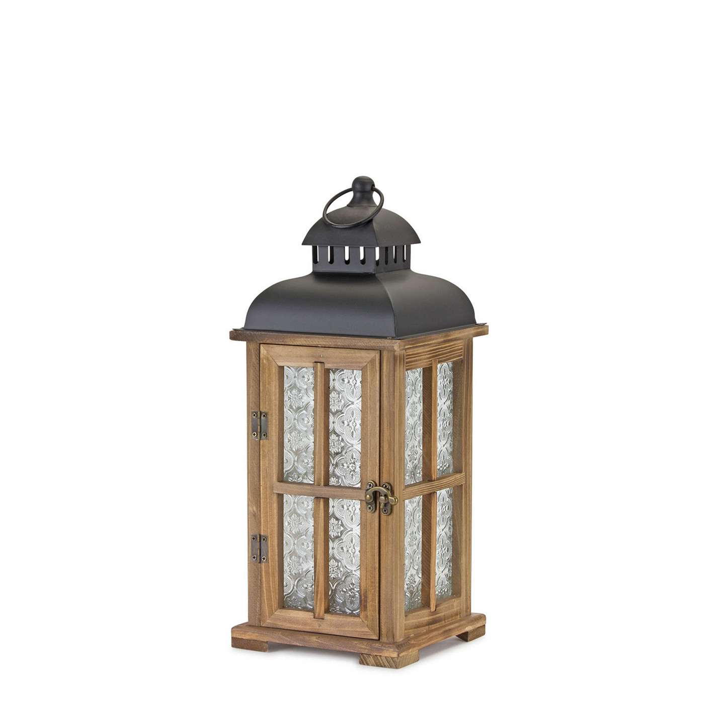 Natural Wood Lantern with Ornate Frosted Glass (Set of 2)