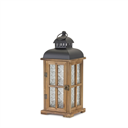 Natural Wood Lantern with Ornate Frosted Glass (Set of 2)