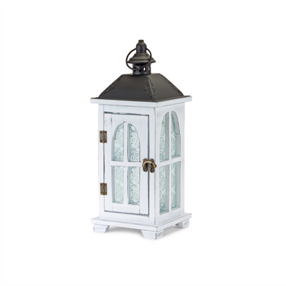 White Wood Lantern with Ornate Frosted Glass (Set of 2)