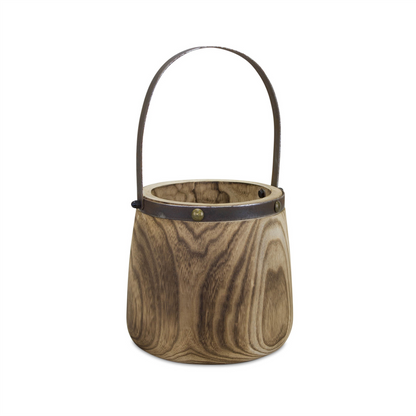 Natural Wooden Pail Planter with Metal Handle Accent (Set of 2)