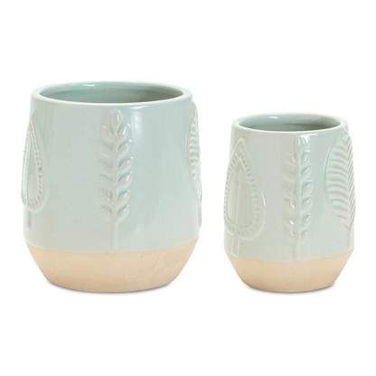Two-Tone Porcealin Planter with Leaf Design (Set of 2)