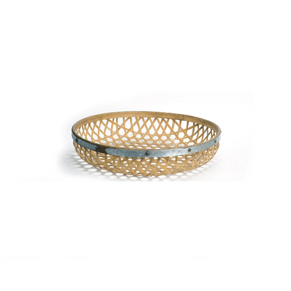 Round Woven Bamboo Tray with Galvanized Metal Accent (Set of 3)