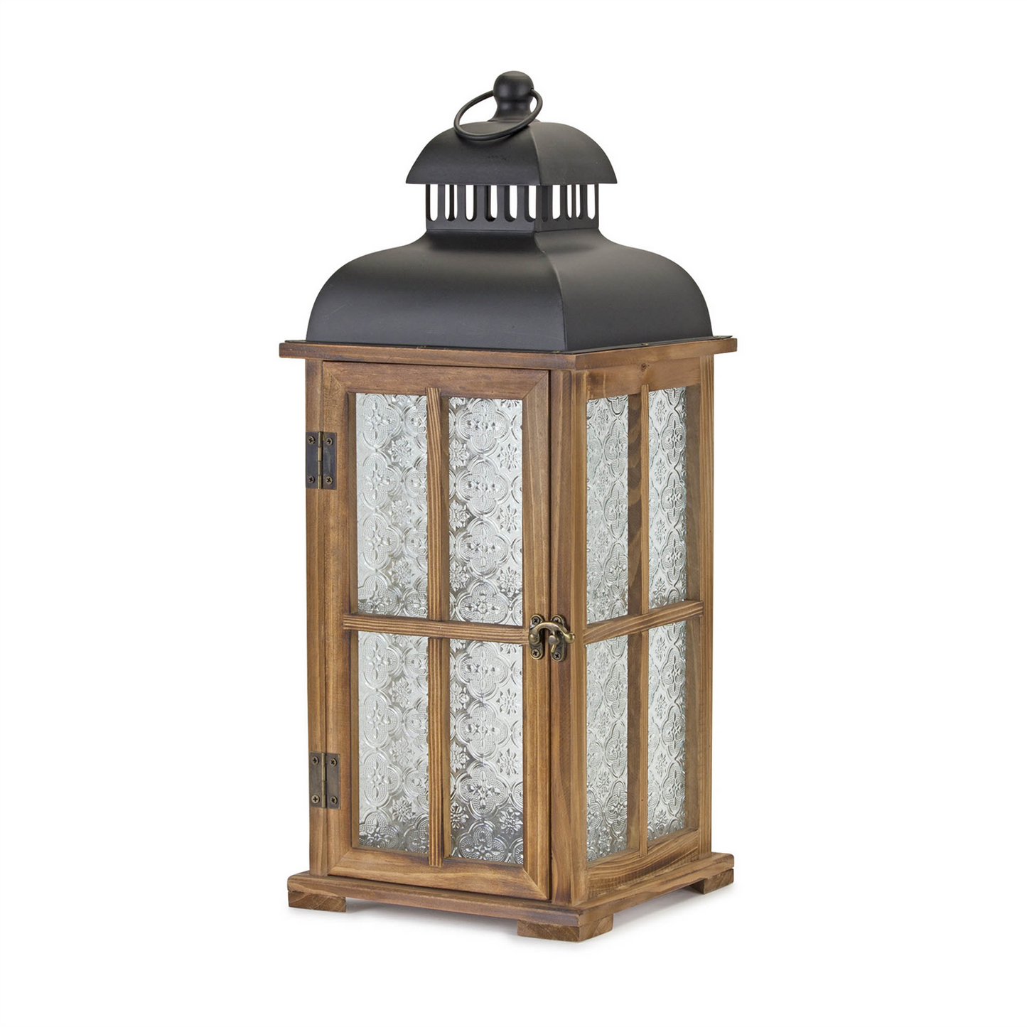Natural Wood Lantern with Ornate Frosted Glass (Set of 2)