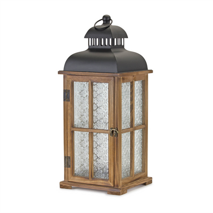 Natural Wood Lantern with Ornate Frosted Glass (Set of 2)