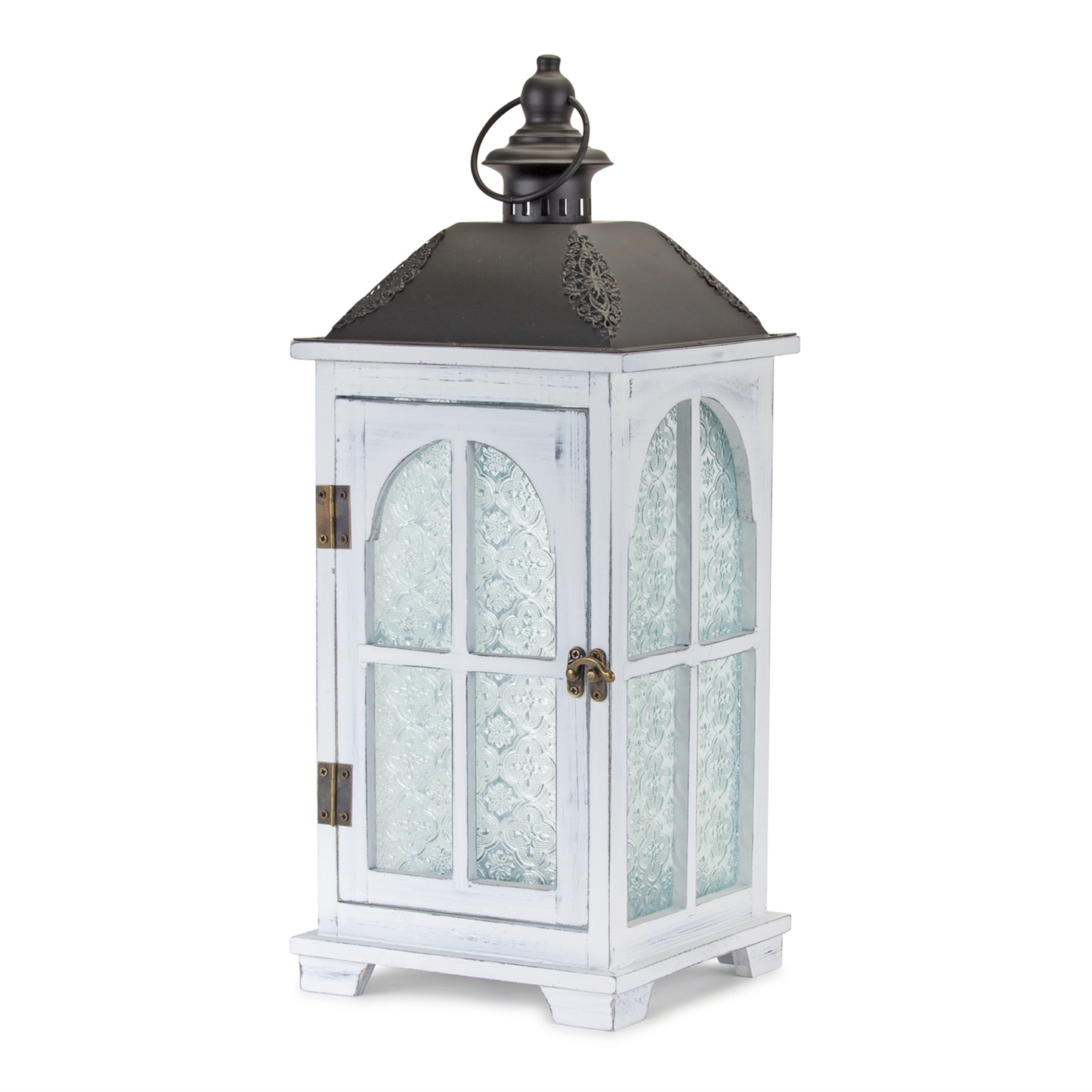 White Wood Lantern with Ornate Frosted Glass (Set of 2)