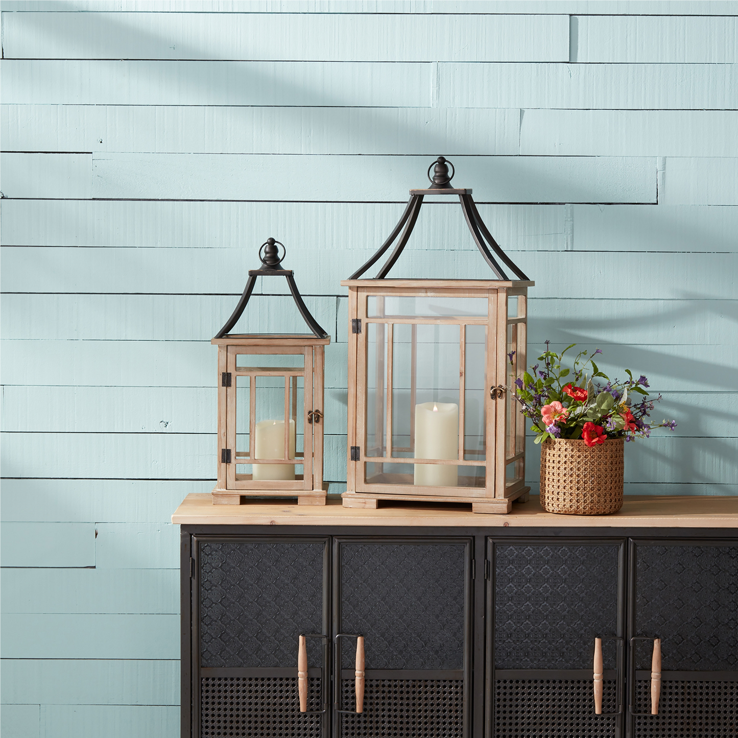 Natural Wood Lantern with Open Metal Lid (Set of 2)