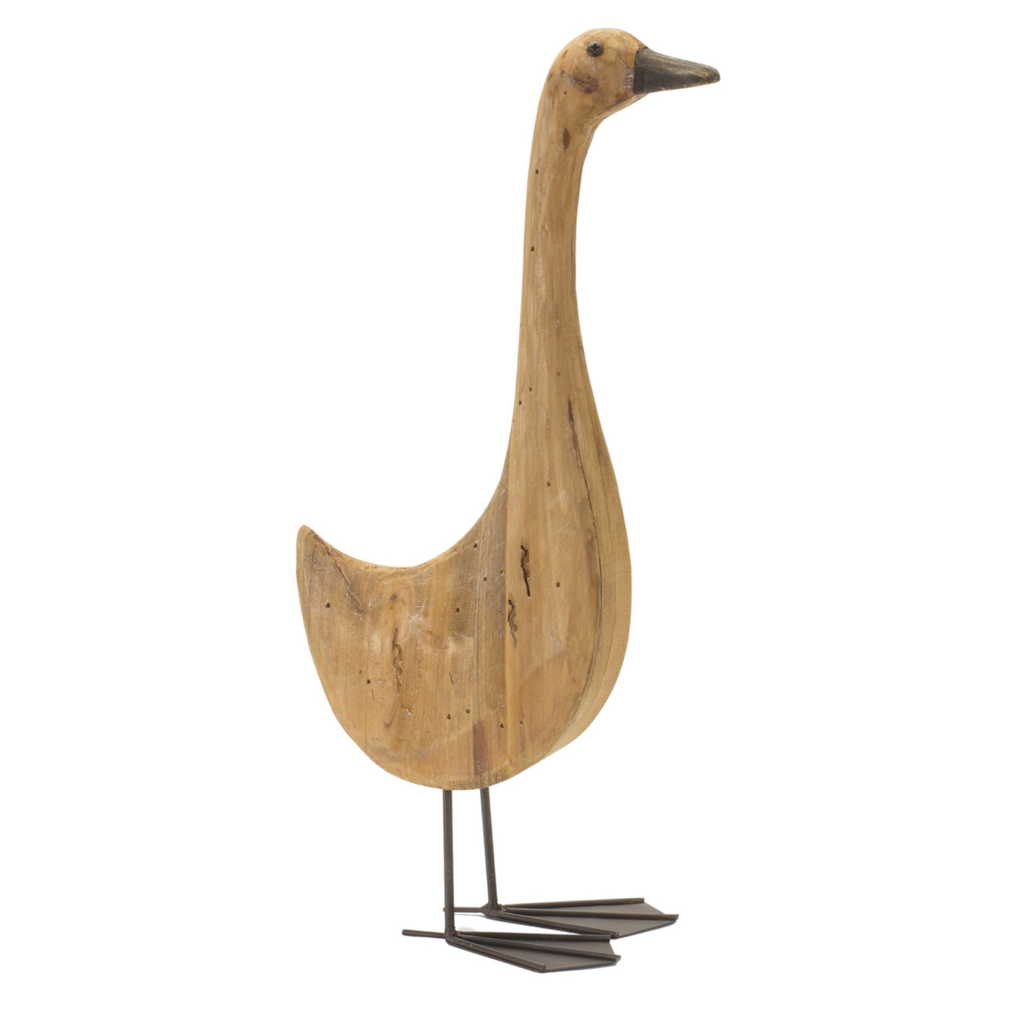 Natural Fir Wood Goose Figurine with Rustic Metal Accents (Set of 2)