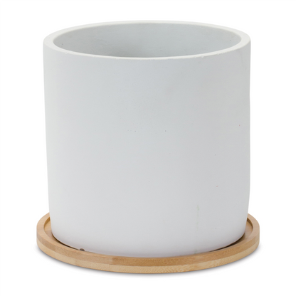 White Stone Planter with Wood Plate (Set of 2)