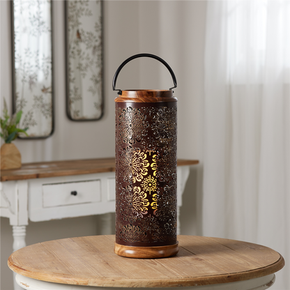 Punched Metal Lantern with Natural Wood Accents 19"H