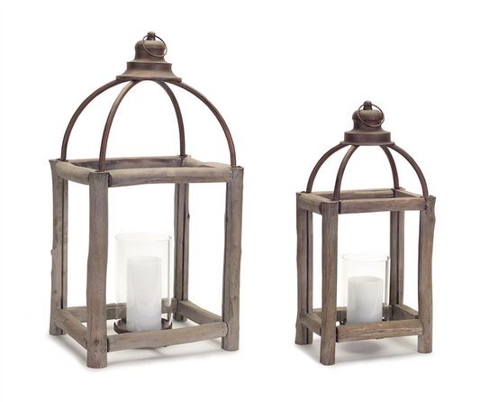 Rustic Wood Log and Antique Metal Lantern with Glass Hurricane (Set of 2)