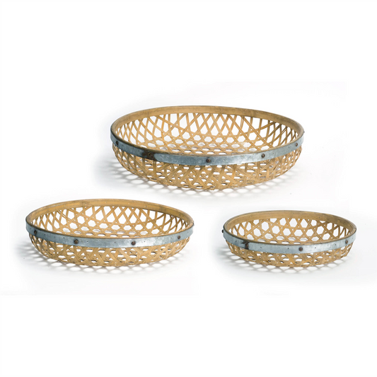 Round Woven Bamboo Tray with Galvanized Metal Accent (Set of 3)