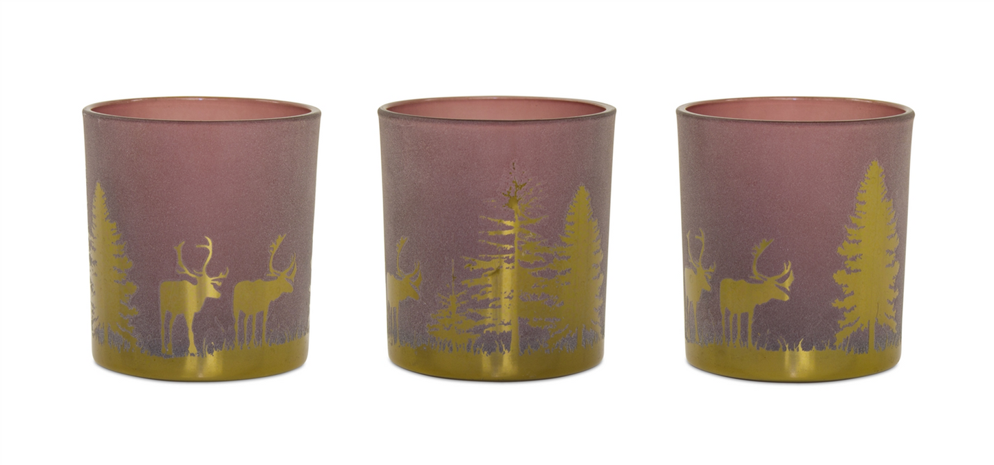 Glass Tea Light Holder with Woodland Scene (Set of 3)