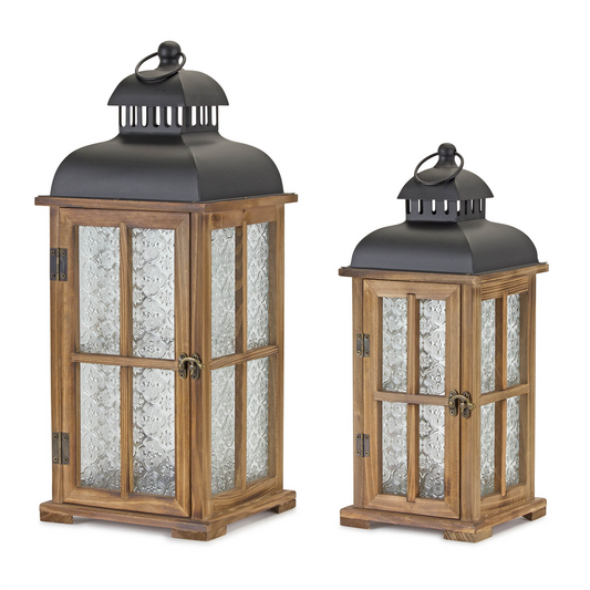 Natural Wood Lantern with Ornate Frosted Glass (Set of 2)