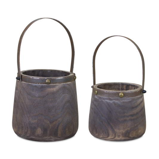 Natural Wooden Pail Planter with Metal Handle Accent (Set of 2)